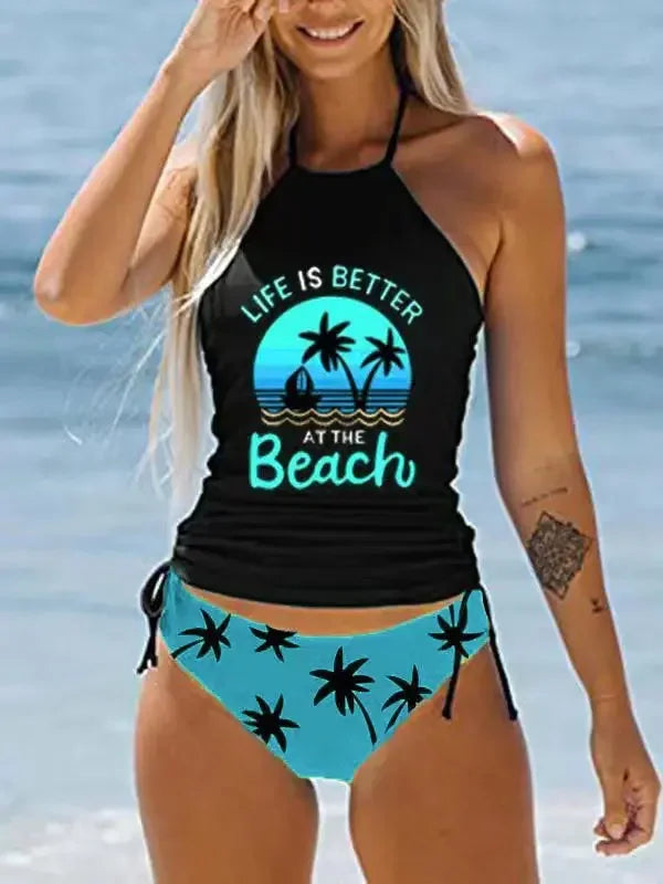 Women's Bathing Suit Coconut Drawstring Side Halter Neck Tankini Set Beach Wear