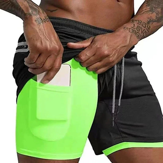 Men Fitness Built-In Pocket Sports Shorts Summer 2 in 1 Quick Dry Gym Beach wear