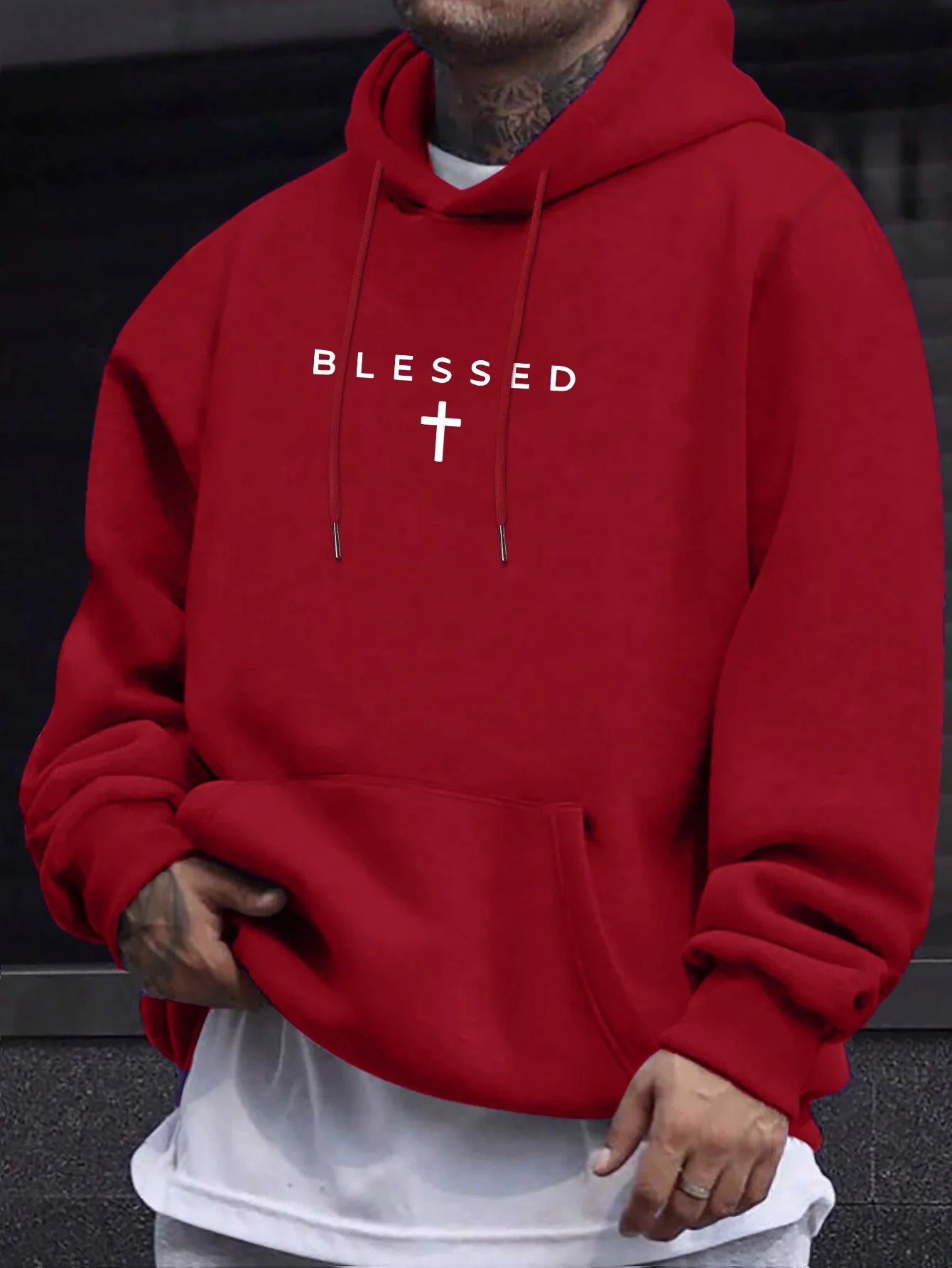 Casual Hooded Sweater With Blessing Cross Design and Geometric Patterns