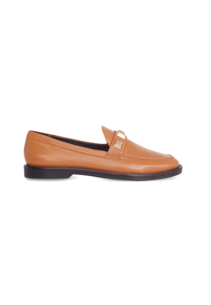 Beige Calf Leather Loafers – Elegant Women’s Flat Shoes With Metal Stud Detail