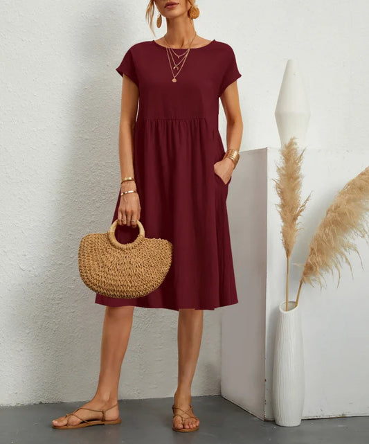 Women's Summer Solid Cotton Linen and O-Neck A-Line Short Sleeve Loose Dress