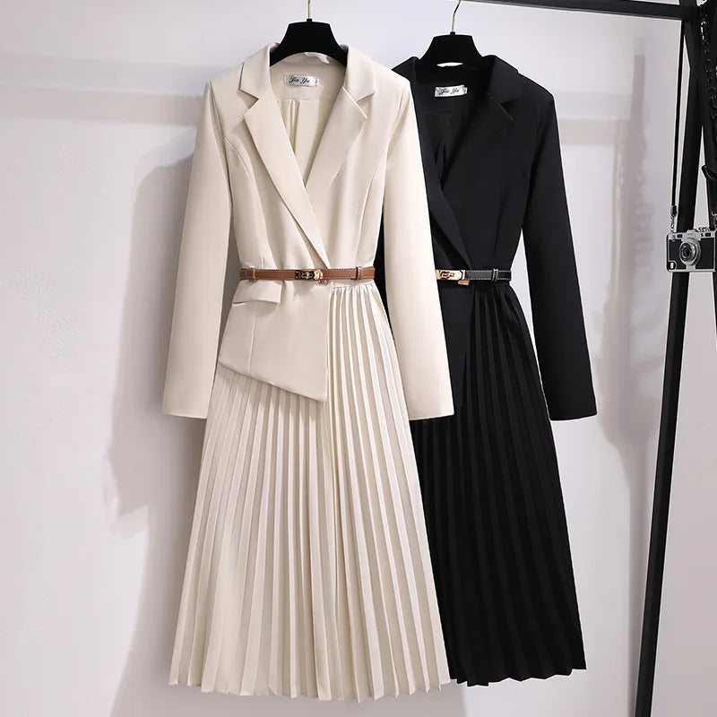 Long Sleeve Coat Women Blazer Dress Slim Pleated Coat Dress