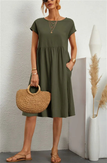 Women's Summer Solid Cotton Linen and O-Neck A-Line Short Sleeve Loose Dress