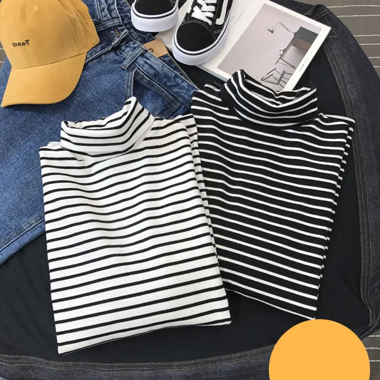 Black White Striped Long Sleeve T Shirts Women
