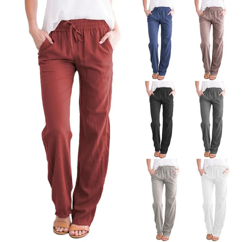 Collection of women's wide-leg pants in various colors on a white background