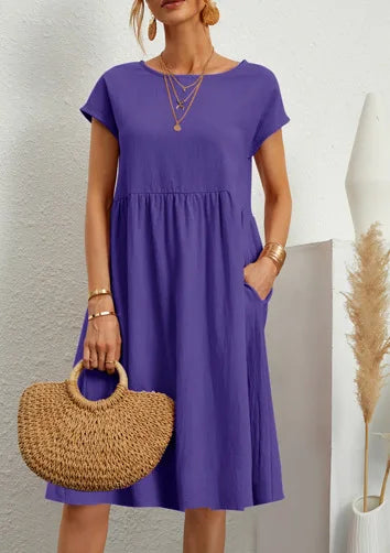 Women's Summer Solid Cotton Linen and O-Neck A-Line Short Sleeve Loose Dress