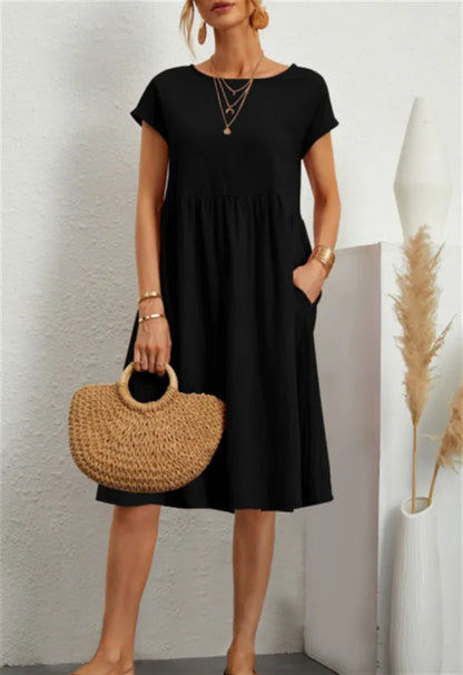 Women's Summer Solid Cotton Linen and O-Neck A-Line Short Sleeve Loose Dress