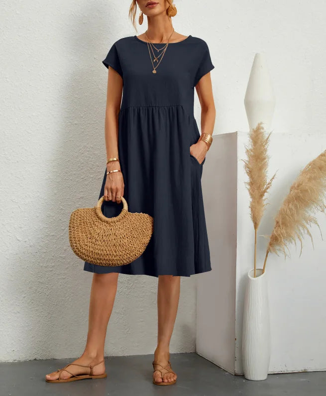 Women's Summer Solid Cotton Linen and O-Neck A-Line Short Sleeve Loose Dress