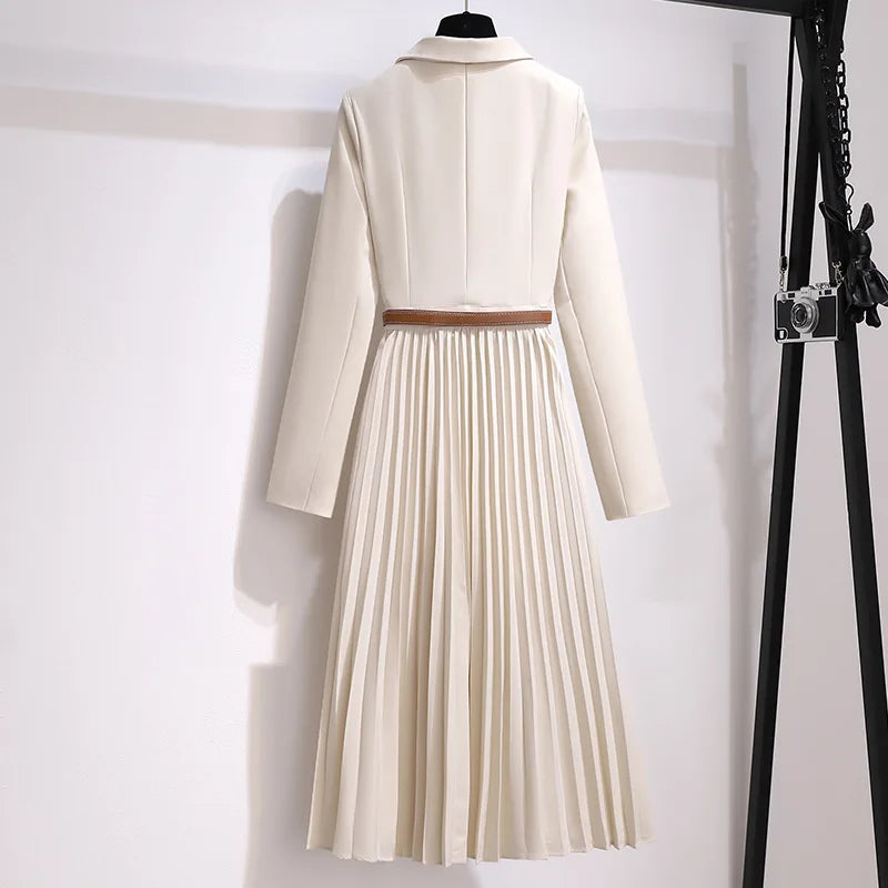 Long Sleeve Coat Women Blazer Dress Slim Pleated Coat Dress