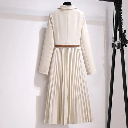 Long Sleeve Coat Women Blazer Dress Slim Pleated Coat Dress