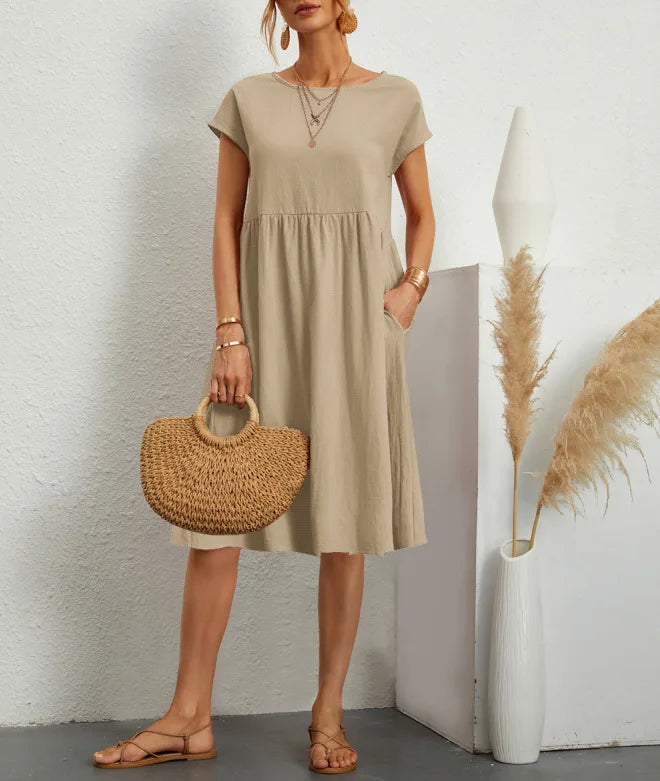 Women's Summer Solid Cotton Linen and O-Neck A-Line Short Sleeve Loose Dress