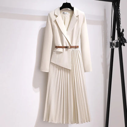 Long Sleeve Coat Women Blazer Dress Slim Pleated Coat Dress