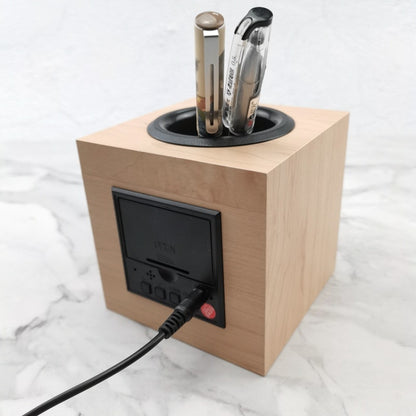 Office Desktop Multi-Function Desk Wooden Pen Holder With Digital LED Clock