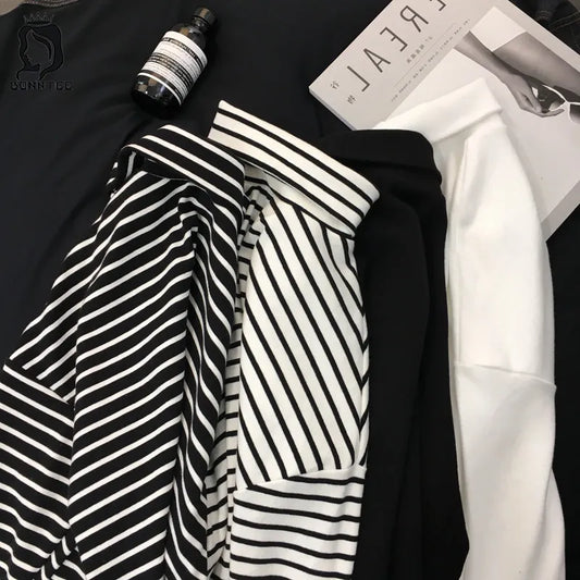 Black White Striped Long Sleeve T Shirts Women