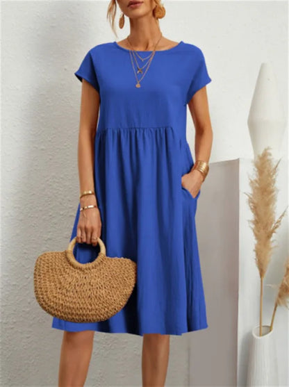 Women's Summer Solid Cotton Linen and O-Neck A-Line Short Sleeve Loose Dress
