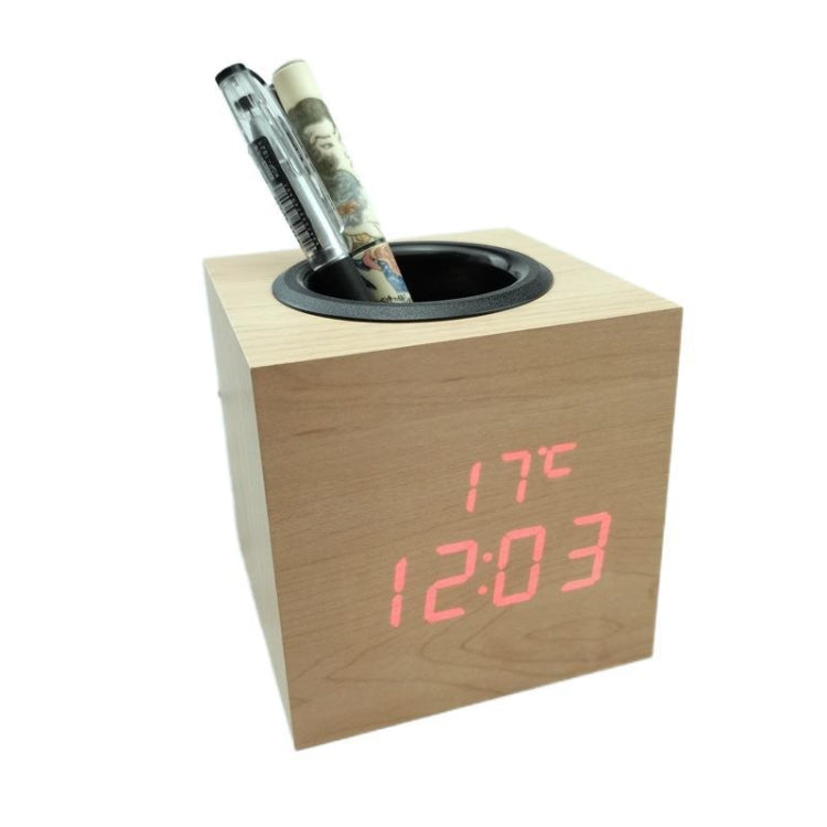 Office Desktop Multi-Function Desk Wooden Pen Holder With Digital LED Clock