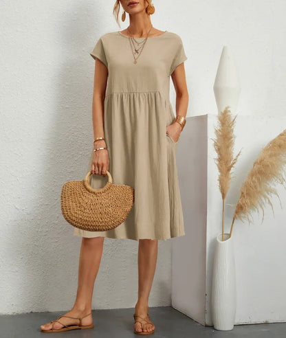 Women's Summer Solid Cotton Linen and O-Neck A-Line Short Sleeve Loose Dress