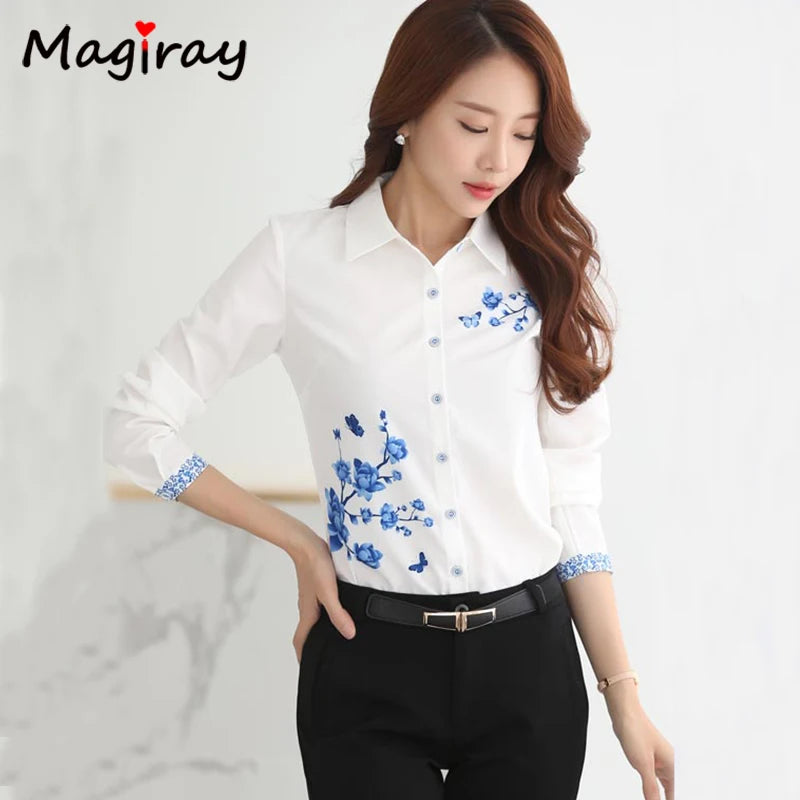 Long Sleeve Blue Butterfly Flower Print Blouse