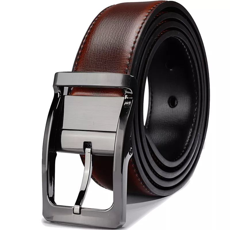 1Pcs Men's Genuine Leather Reversible Belt Rotated Buckle Two in One Big and Tall