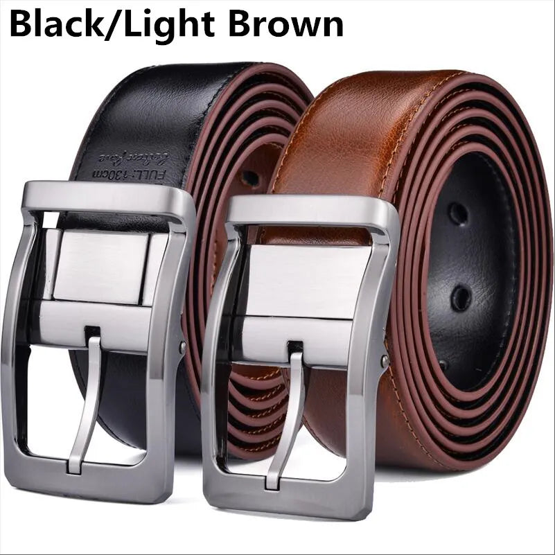 1Pcs Men's Genuine Leather Reversible Belt Rotated Buckle Two in One Big and Tall