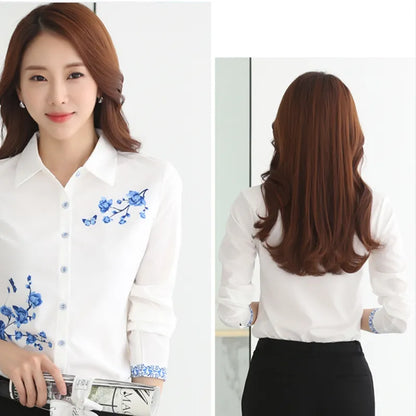 Long Sleeve Blue Butterfly Flower Print Blouse