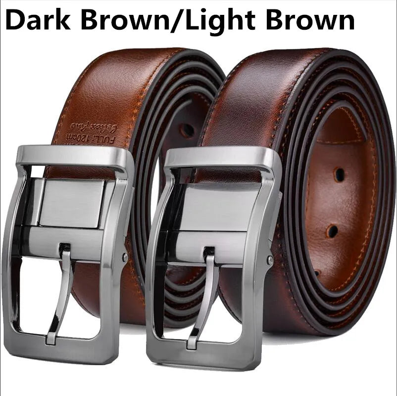 1Pcs Men's Genuine Leather Reversible Belt Rotated Buckle Two in One Big and Tall