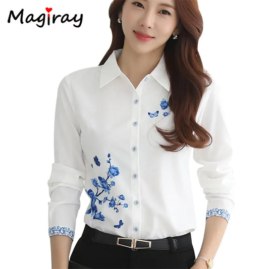 Long Sleeve Blue Butterfly Flower Print Blouse