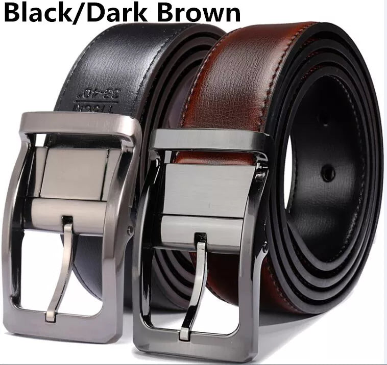 1Pcs Men's Genuine Leather Reversible Belt Rotated Buckle Two in One Big and Tall