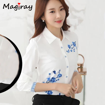 Long Sleeve Blue Butterfly Flower Print Blouse