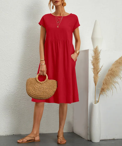 Women's Summer Solid Cotton Linen and O-Neck A-Line Short Sleeve Loose Dress