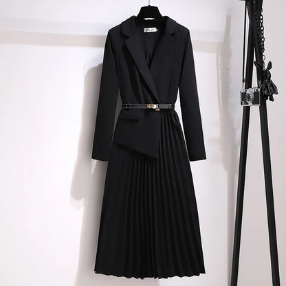 Long Sleeve Coat Women Blazer Dress Slim Pleated Coat Dress