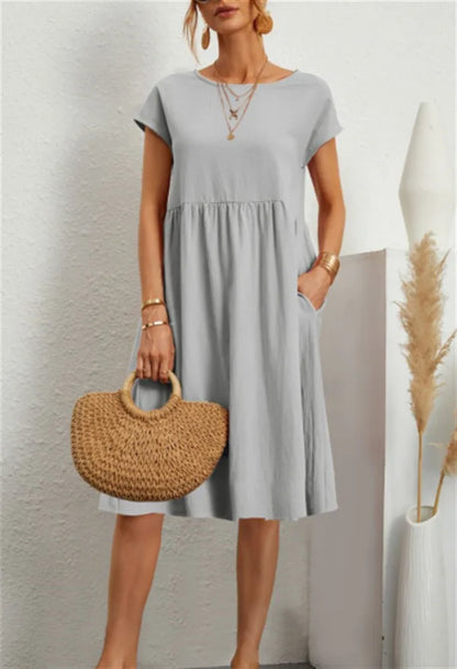 Women's Summer Solid Cotton Linen and O-Neck A-Line Short Sleeve Loose Dress