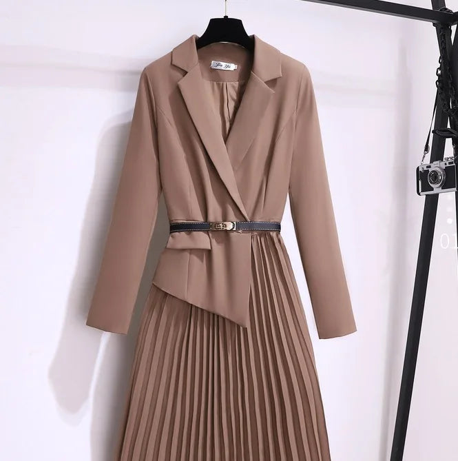 Long Sleeve Coat Women Blazer Dress Slim Pleated Coat Dress