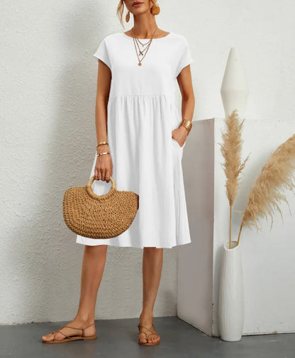 Women's Summer Solid Cotton Linen and O-Neck A-Line Short Sleeve Loose Dress