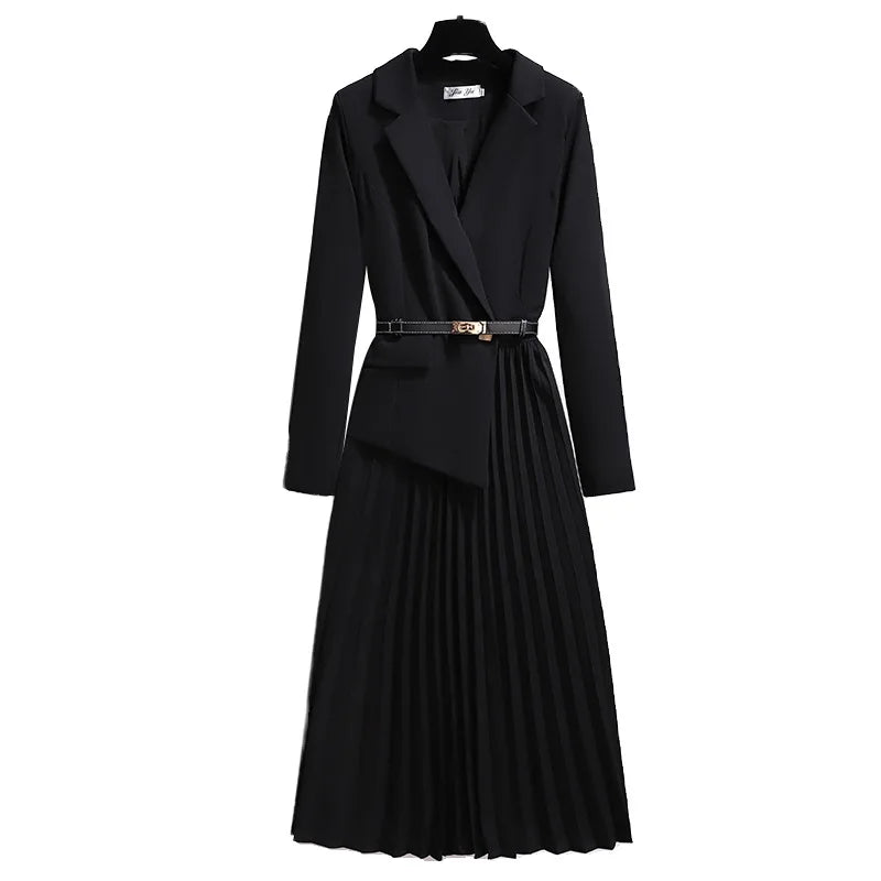 Long Sleeve Coat Women Blazer Dress Slim Pleated Coat Dress