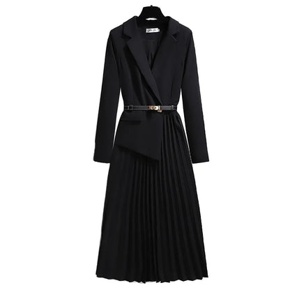 Long Sleeve Coat Women Blazer Dress Slim Pleated Coat Dress