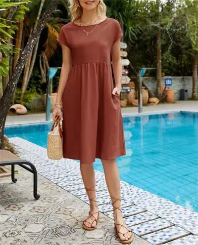 Women's Summer Solid Cotton Linen and O-Neck A-Line Short Sleeve Loose Dress