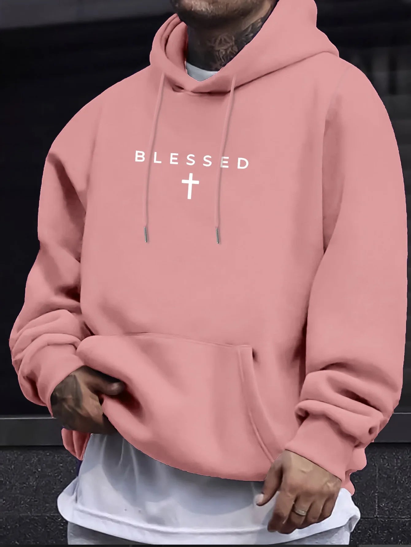 Casual Hooded Sweater With Blessing Cross Design and Geometric Patterns