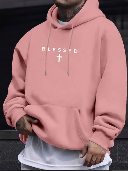 Casual Hooded Sweater With Blessing Cross Design and Geometric Patterns