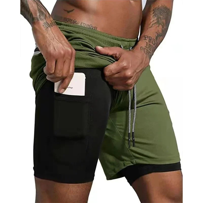 Men Fitness Built-In Pocket Sports Shorts Summer 2 in 1 Quick Dry Gym Beach wear