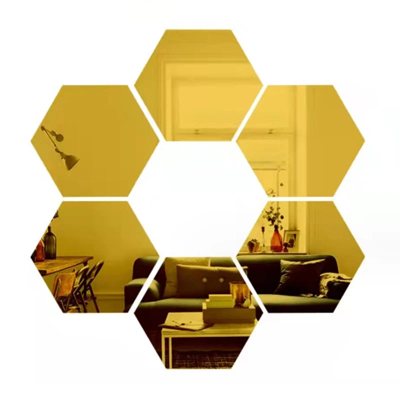 6/12pcs 3D Hexagon Mirror Wall Sticker Rose Gold DIY Room Stickers Wall Decor