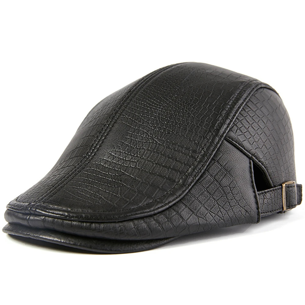 Men Beret Hat Real Leather Flat Cap Sheepskin Autumn Winter Male