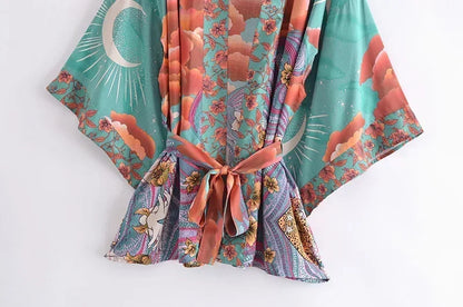 Boho Queens Women Floral Print Bat Sleeve Beach Bohemian Kimono Dresses
