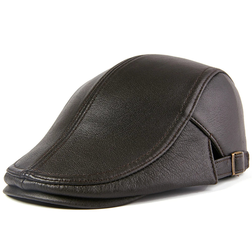 Men Beret Hat Real Leather Flat Cap Sheepskin Autumn Winter Male