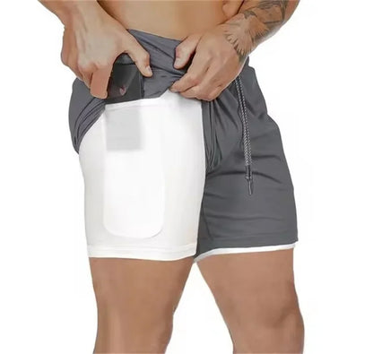 Men Fitness Built-In Pocket Sports Shorts Summer 2 in 1 Quick Dry Gym Beach wear