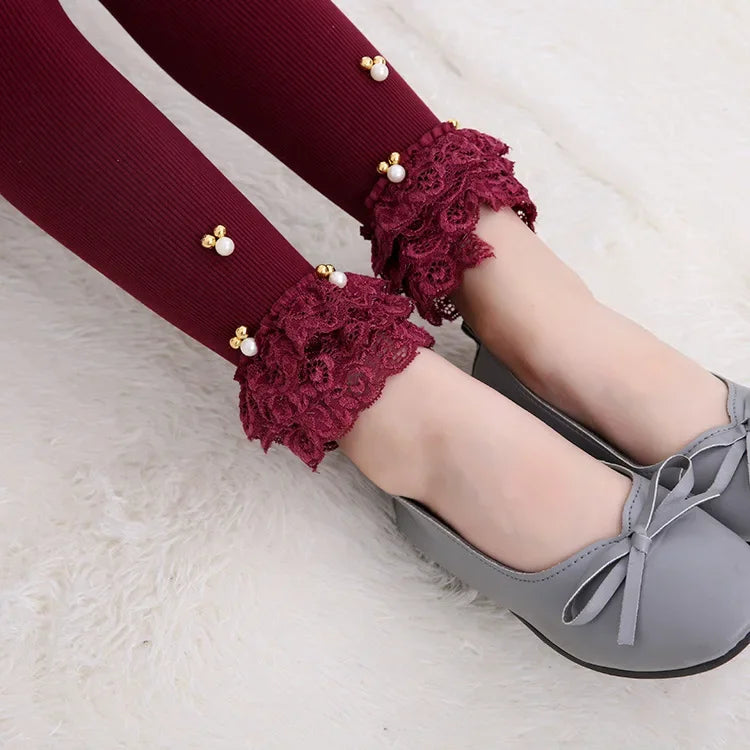 Girls Skinny Leggings Candy Color Lace Ruffles Mickey Beads Leggins