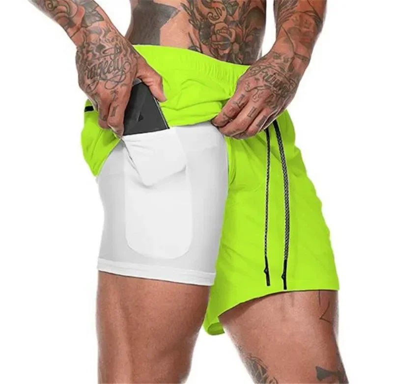 Men Fitness Built-In Pocket Sports Shorts Summer 2 in 1 Quick Dry Gym Beach wear