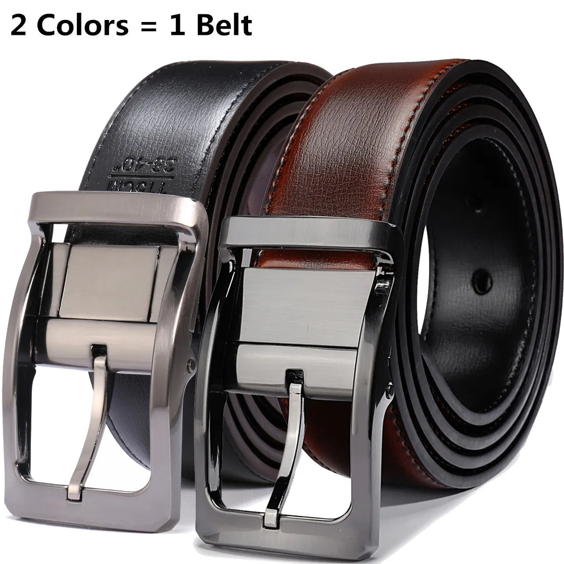 1Pcs Men's Genuine Leather Reversible Belt Rotated Buckle Two in One Big and Tall