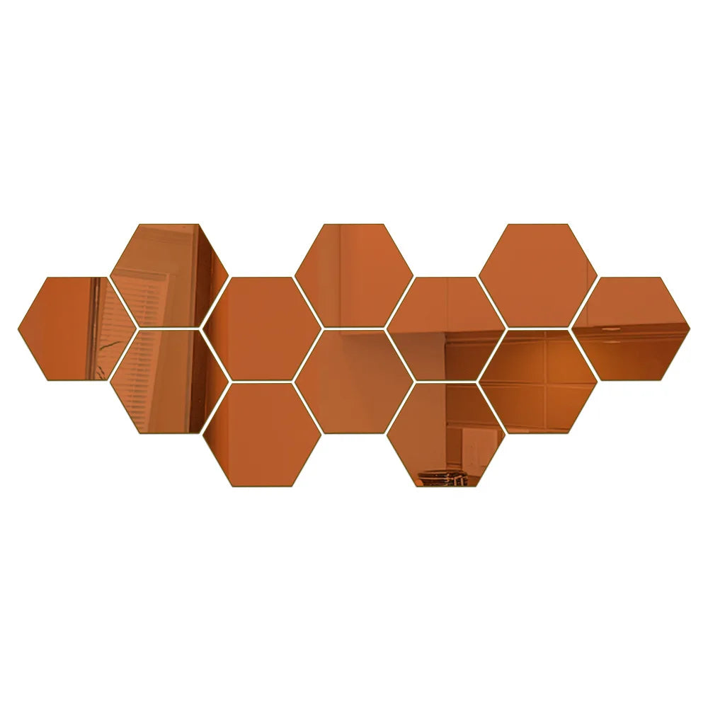 6/12pcs 3D Hexagon Mirror Wall Sticker Rose Gold DIY Room Stickers Wall Decor