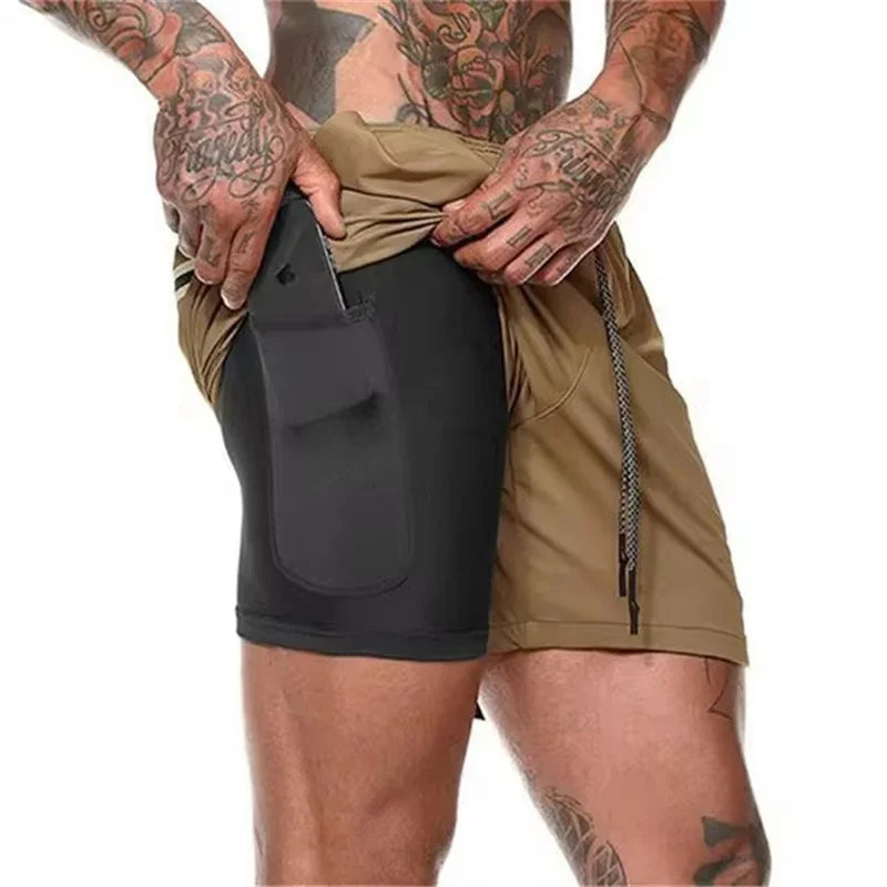 Men Fitness Built-In Pocket Sports Shorts Summer 2 in 1 Quick Dry Gym Beach wear